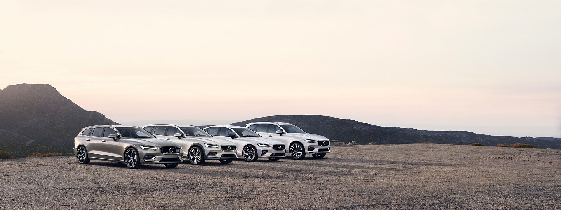 Volvo V60, Volvo V90, Volvo S60 und Volvo XC60 nebeneinander vor einer Bergkette